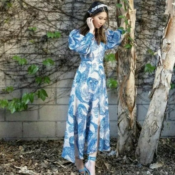 H&M CONSCIOUS EXCLUSIVE 100% Silk Mosaic Midi Puff Sleeve Cocktail Dress - Picture 11 of 12